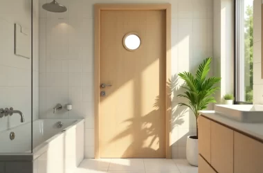 łazienka z drzwiami z bulajem