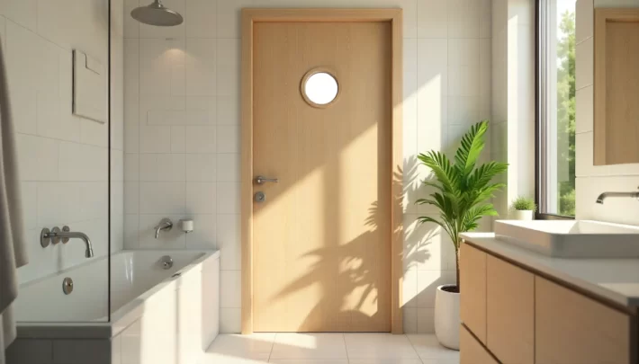 łazienka z drzwiami z bulajem