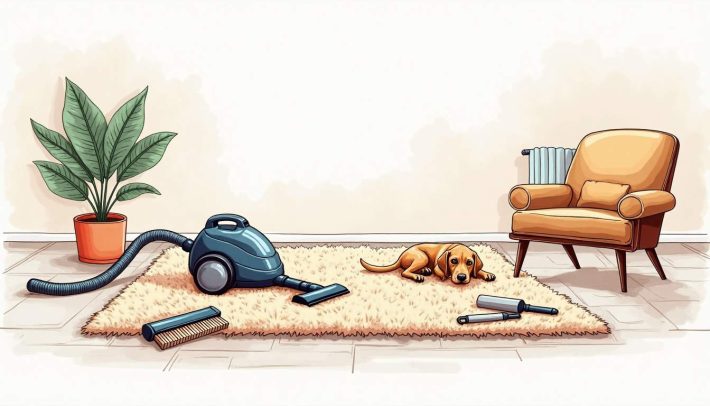 A cozy living room scene featuring a plush carpet covered in pet hair
