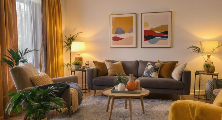 przytulny salon z szarą sofą na środku, obok dwa fotele i stolik kawowy