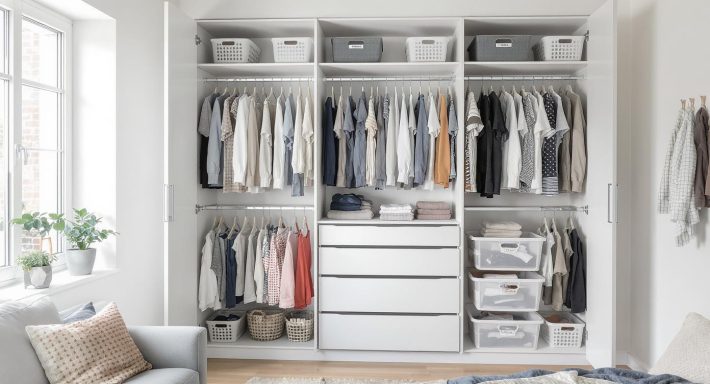 duża otwarta szafa z ubraniami