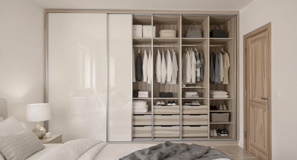 Szafa wnękowa w kolorach beżu i jasnego dębu 